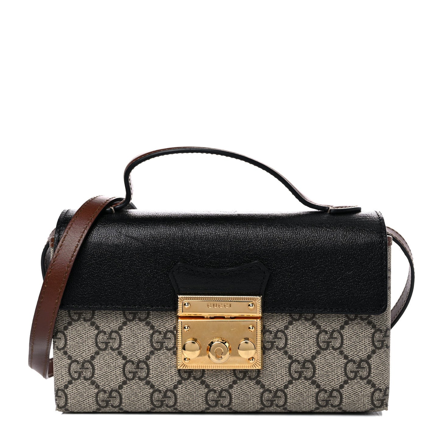 GG Supreme Monogram Calfskin Mini Padlock Top Handle Shoulder Bag Beige Black Cuir