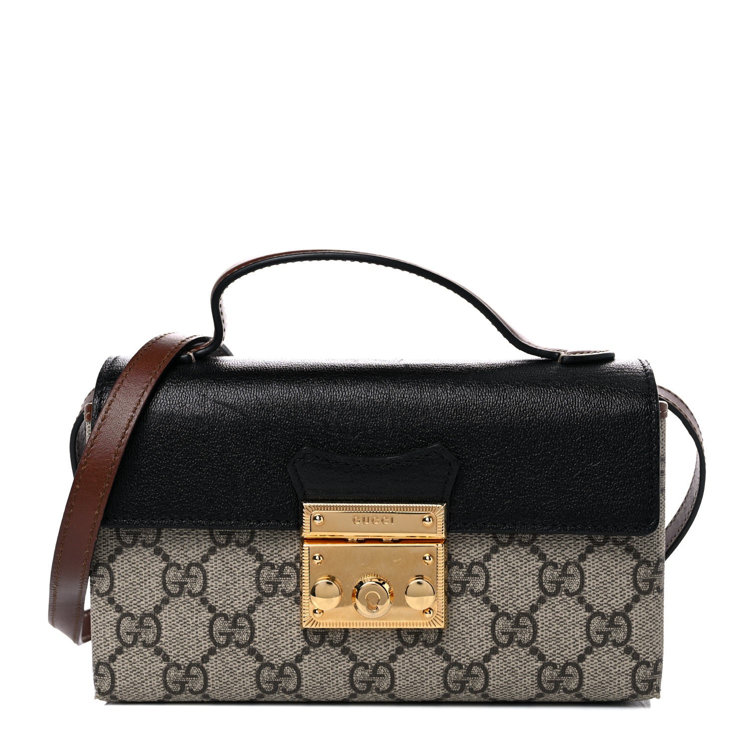 Gucci GG Supreme Monogram Calfskin Mini Padlock Top Handle Shoulder Bag Beige Black Cuir 1 of 16