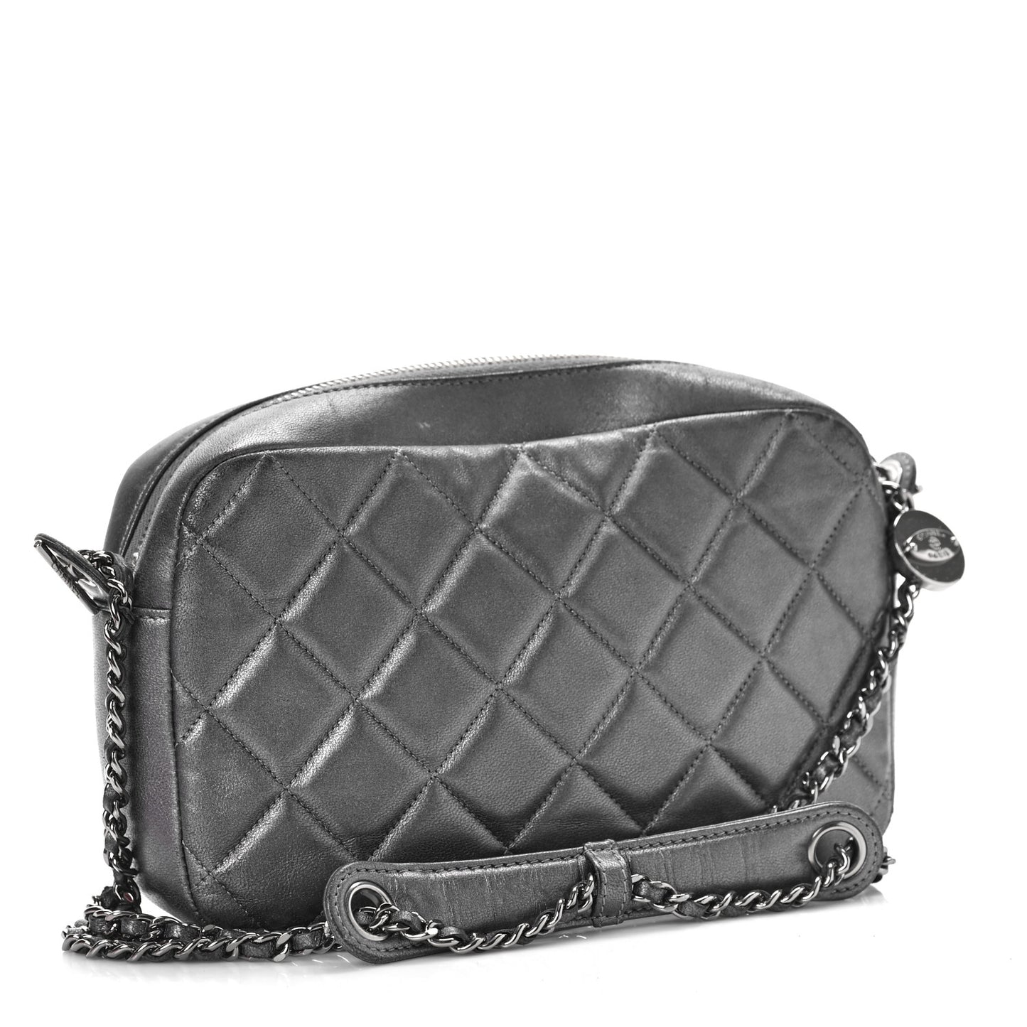 Metallic Calfskin Quilted Small Ballerine Camera Case Grey
