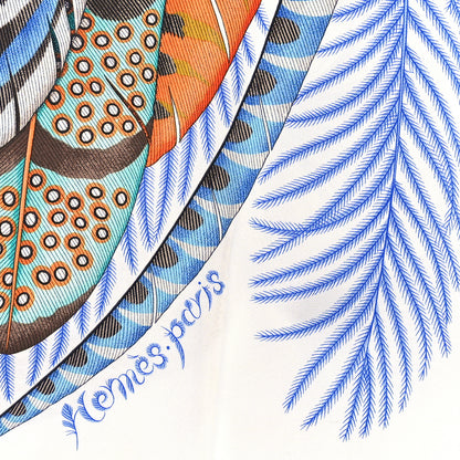 Hermes Silk Plumes En Fete Scarf 90 Blanc Turquoise Multicolor 2 of 3