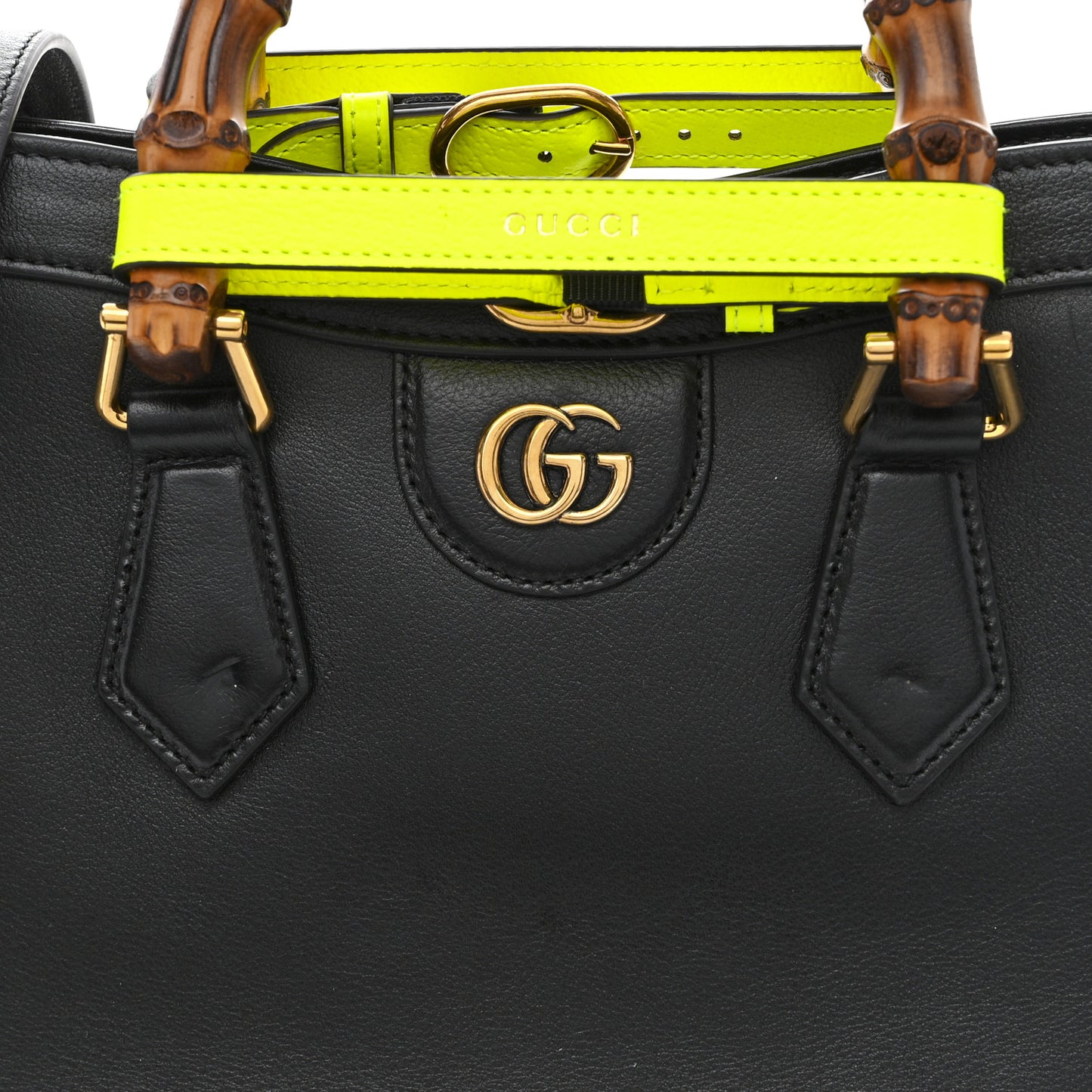 Calfskin Small Diana Tote Bag Black Yellow Fluo