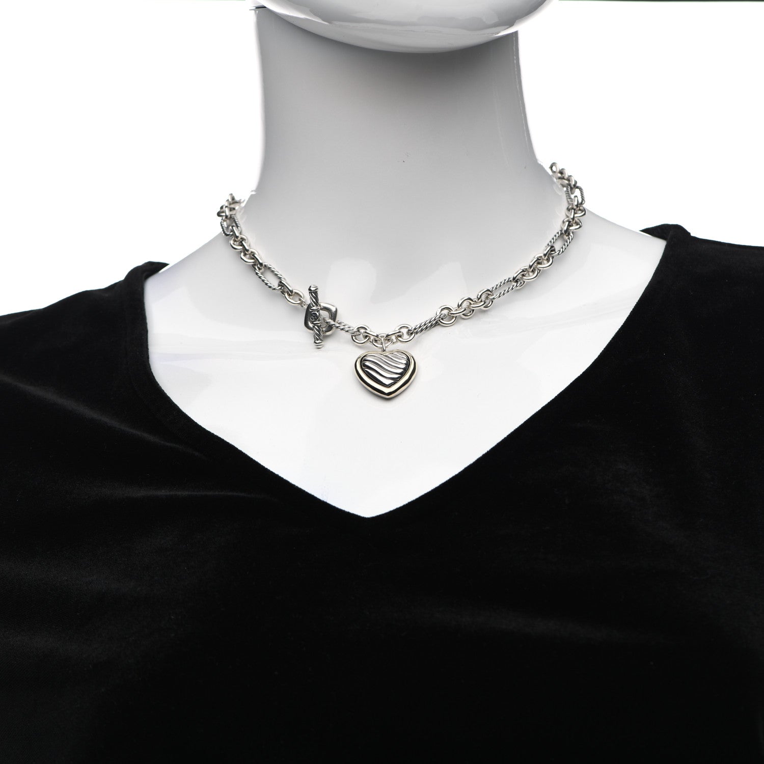 David Yurman Sterling Silver 18K Yellow Gold Cable Heart Figaro Necklace 2 of 4