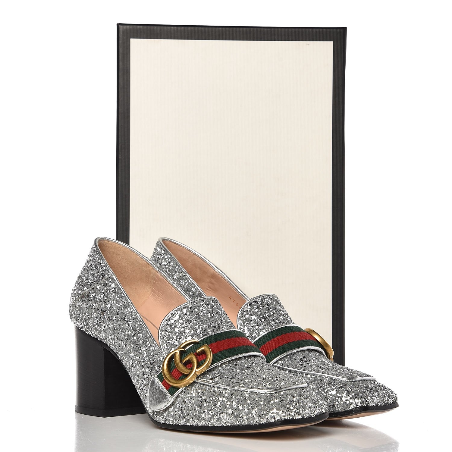 Gucci Glitter Nappa Web Peyton 75mm Loafer Pumps 38 Argento 12 of 12