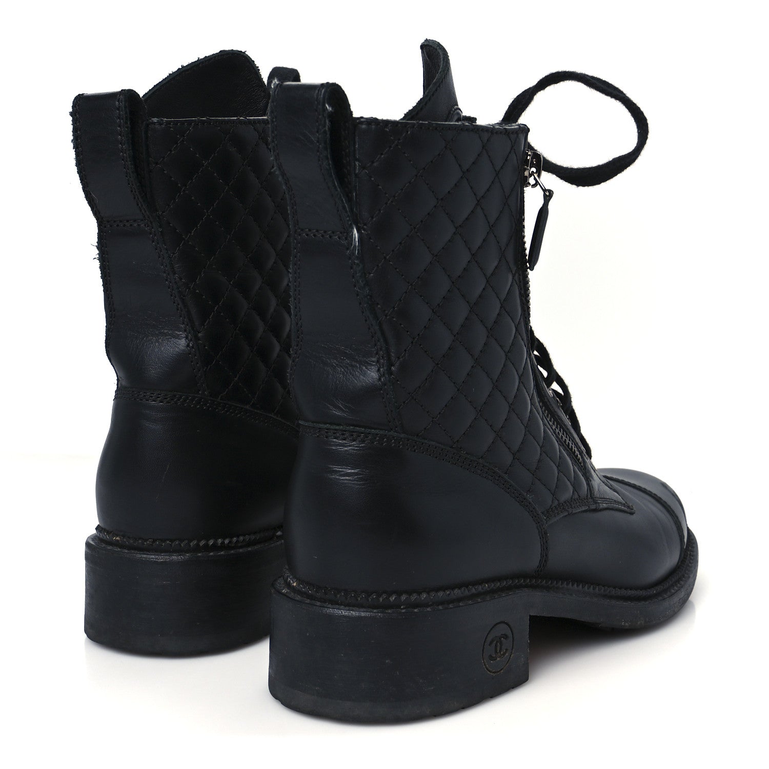 Chanel Calfskin Quilted Lace Up Combat Boots 39 Black 5 of 12