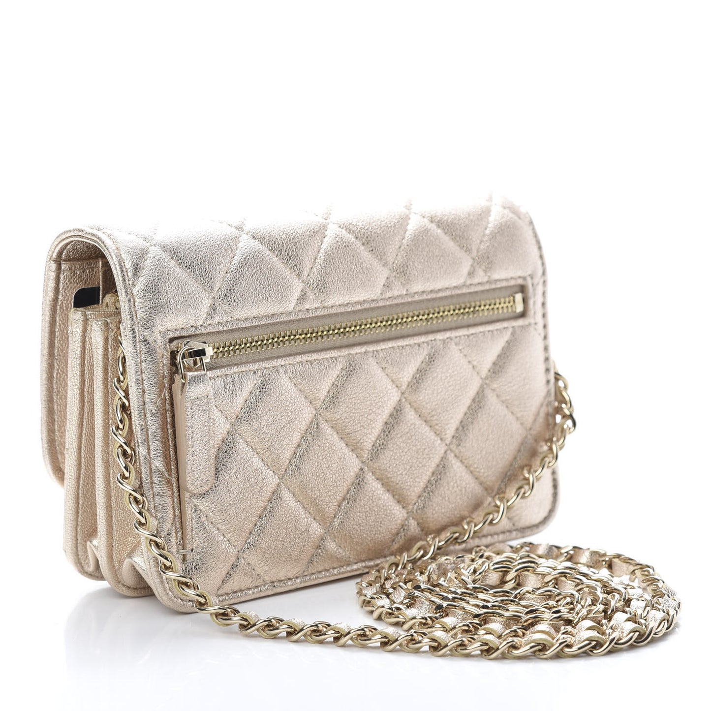 Metallic Lambskin Quilted Mini Wallet On Chain WOC Gold