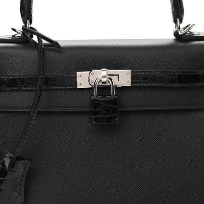 Hermes Madame Calfskin Shiny Niloticus Crocodile Kelly Sellier Touch 25 Black 8 of 11