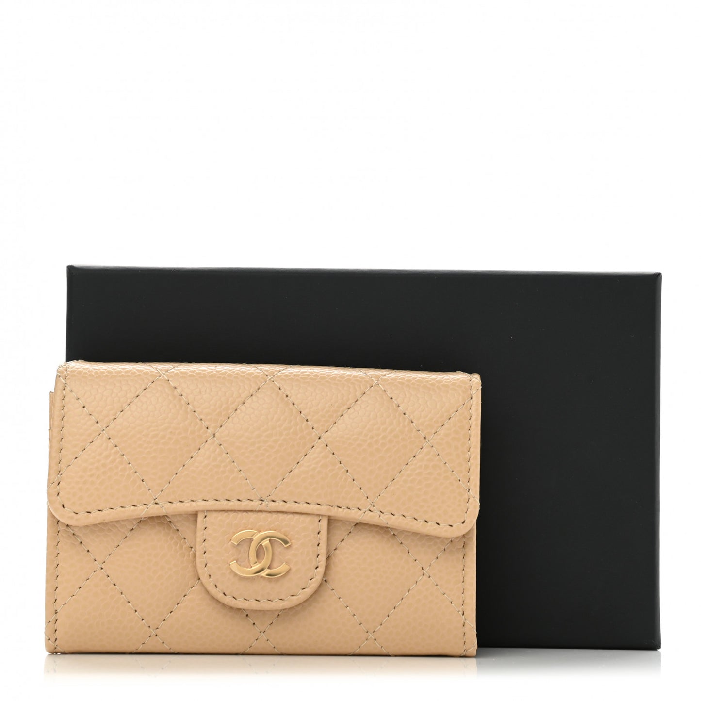 Caviar Quilted Flap Card Holder Wallet Beige