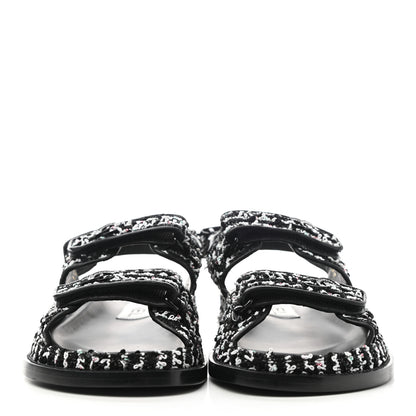 Chanel Tweed Lambskin Dad Sandals 38 Black White 2 of 9