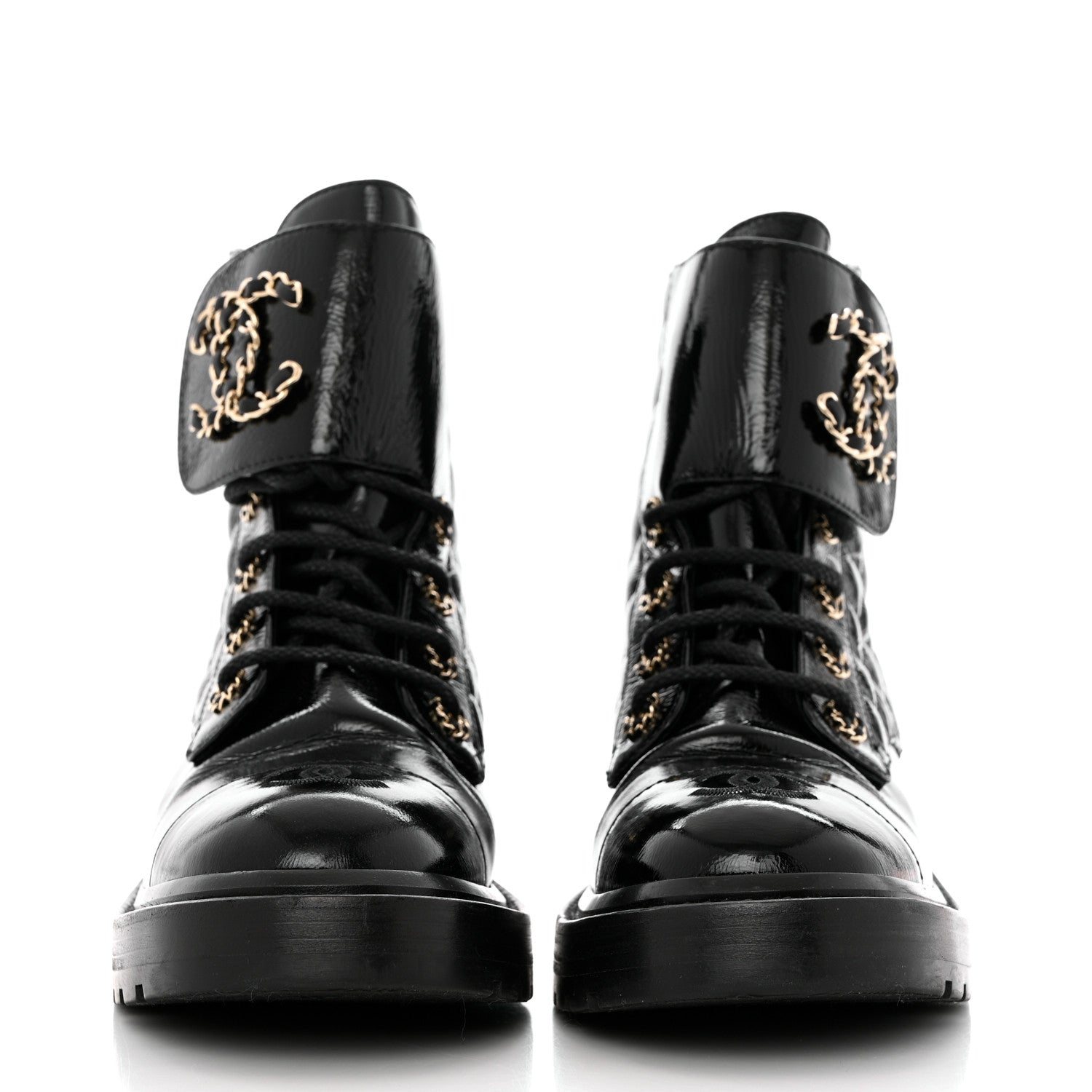 Chanel Shiny Goatskin Calfskin Quilted Lace Up Combat Boots 38 Black 2 of 10