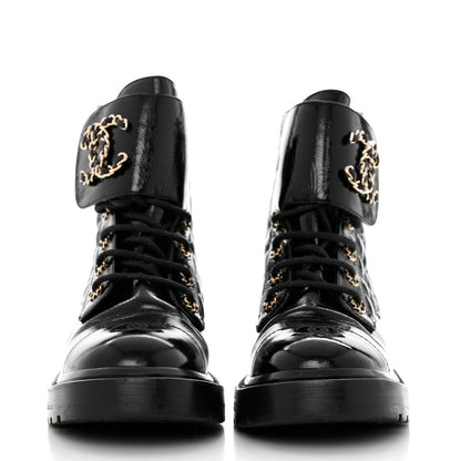 Chanel Shiny Goatskin Calfskin Quilted Lace Up Combat Boots 38 Black 2 of 10