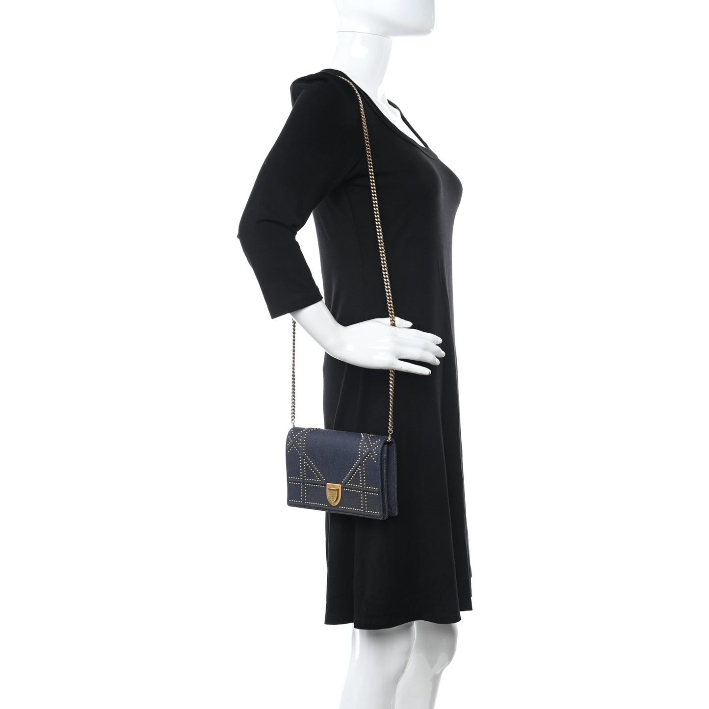 Denim Studded Diorama Wallet On Chain Blue