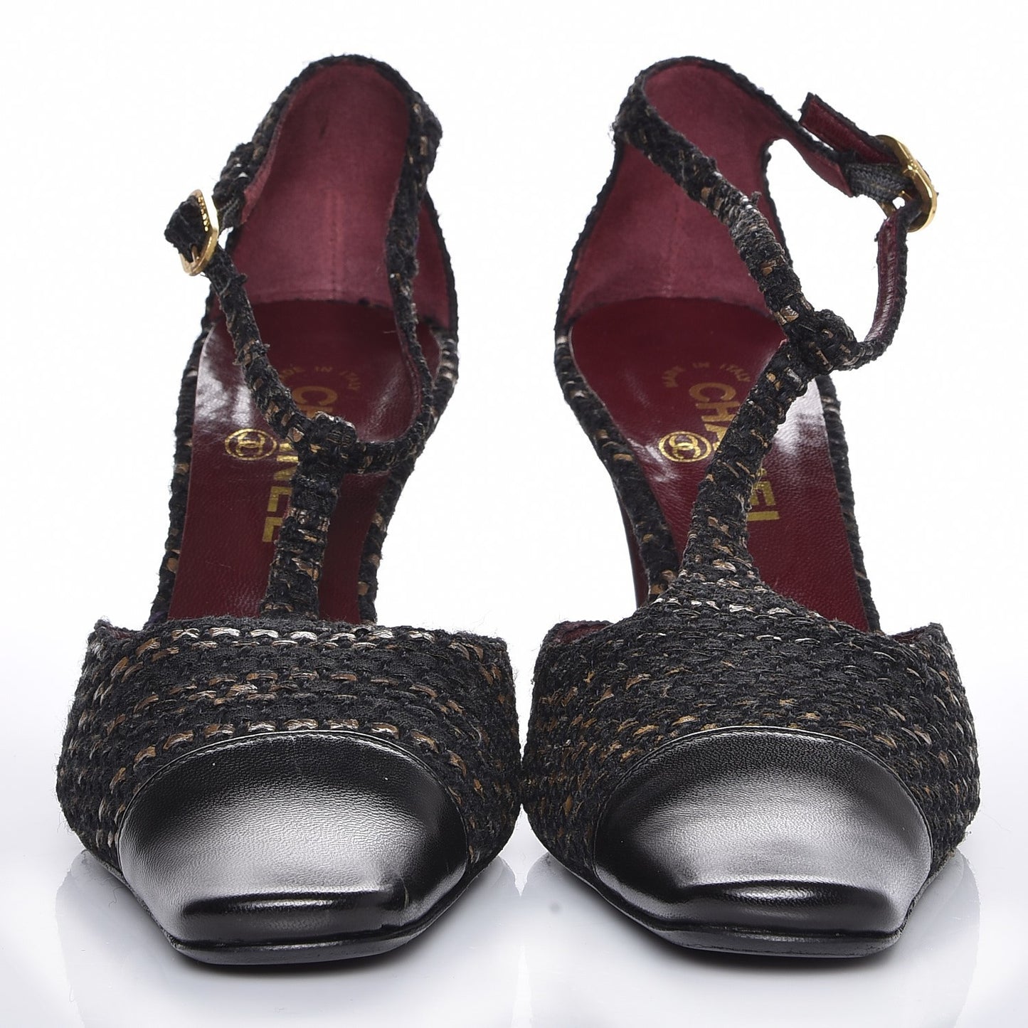 Tweed Lambskin Cap Toe T-Strap Pumps 39 Brown