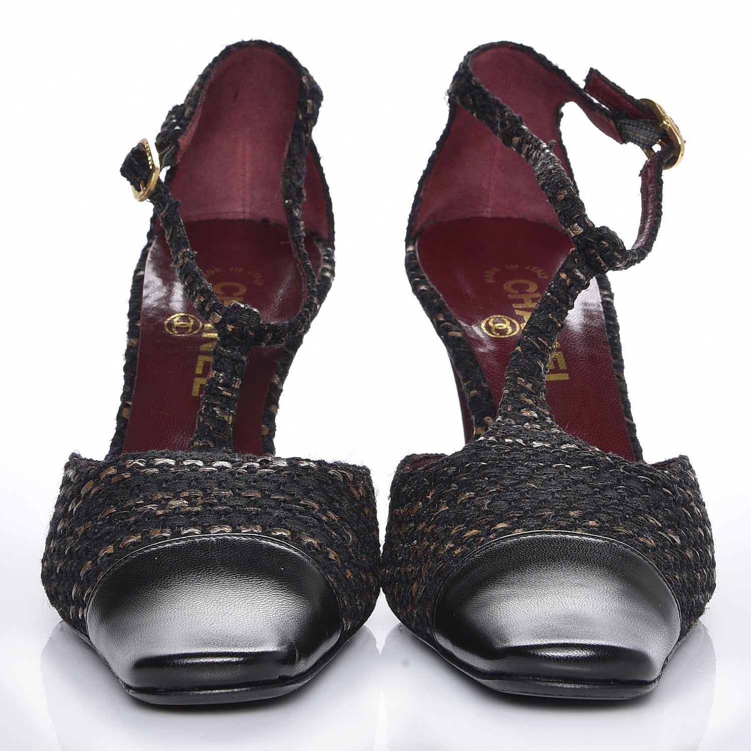 Chanel Tweed Lambskin Cap Toe T-Strap Pumps 39 Brown 2 of 8