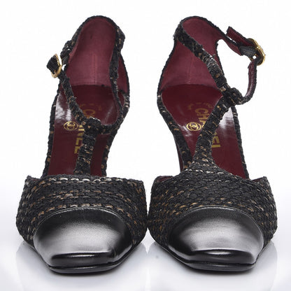 Chanel Tweed Lambskin Cap Toe T-Strap Pumps 39 Brown 2 of 8