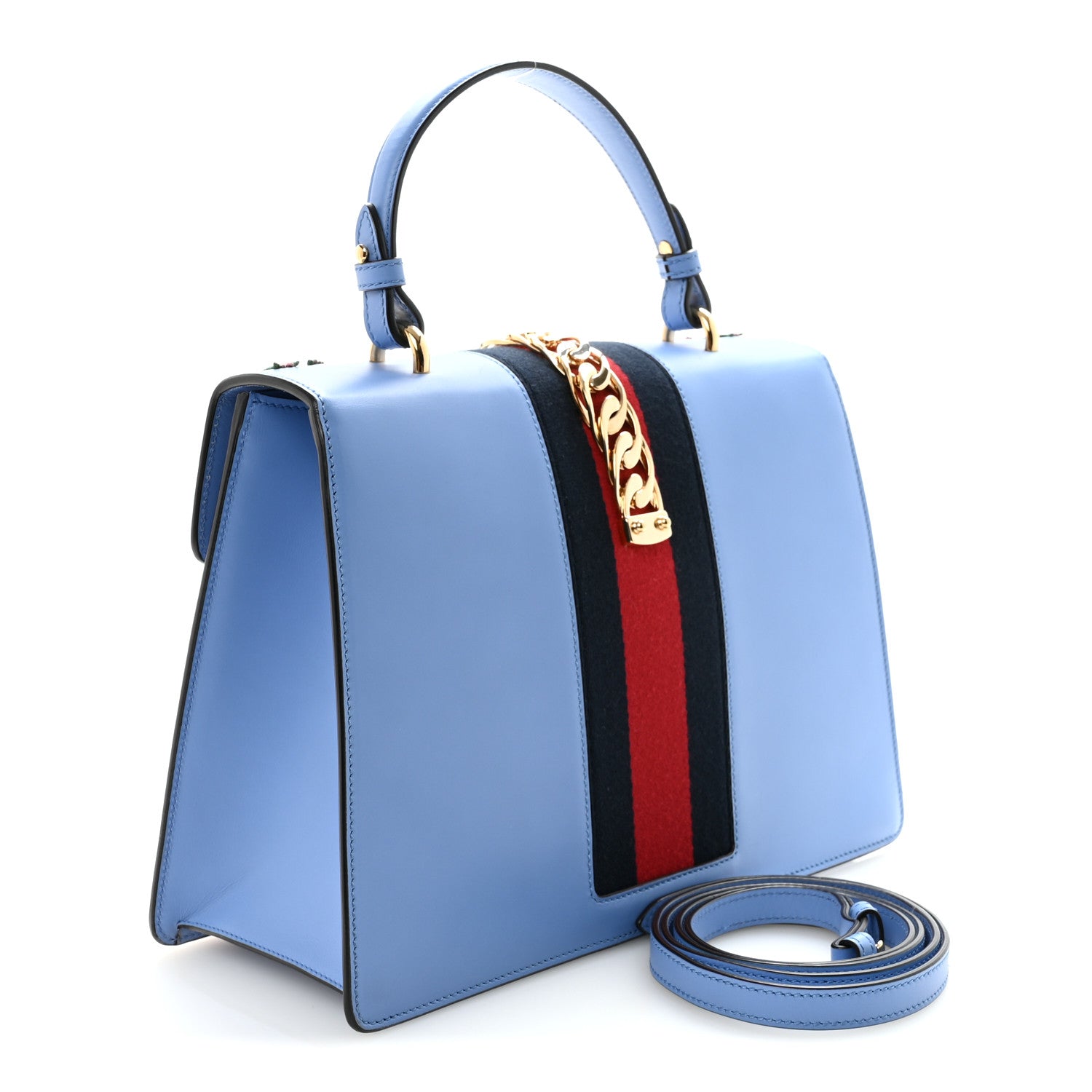 Gucci Calfskin Embroidered Medium Sylvie Top Handle Bag Clear Sky Blue 3 of 10
