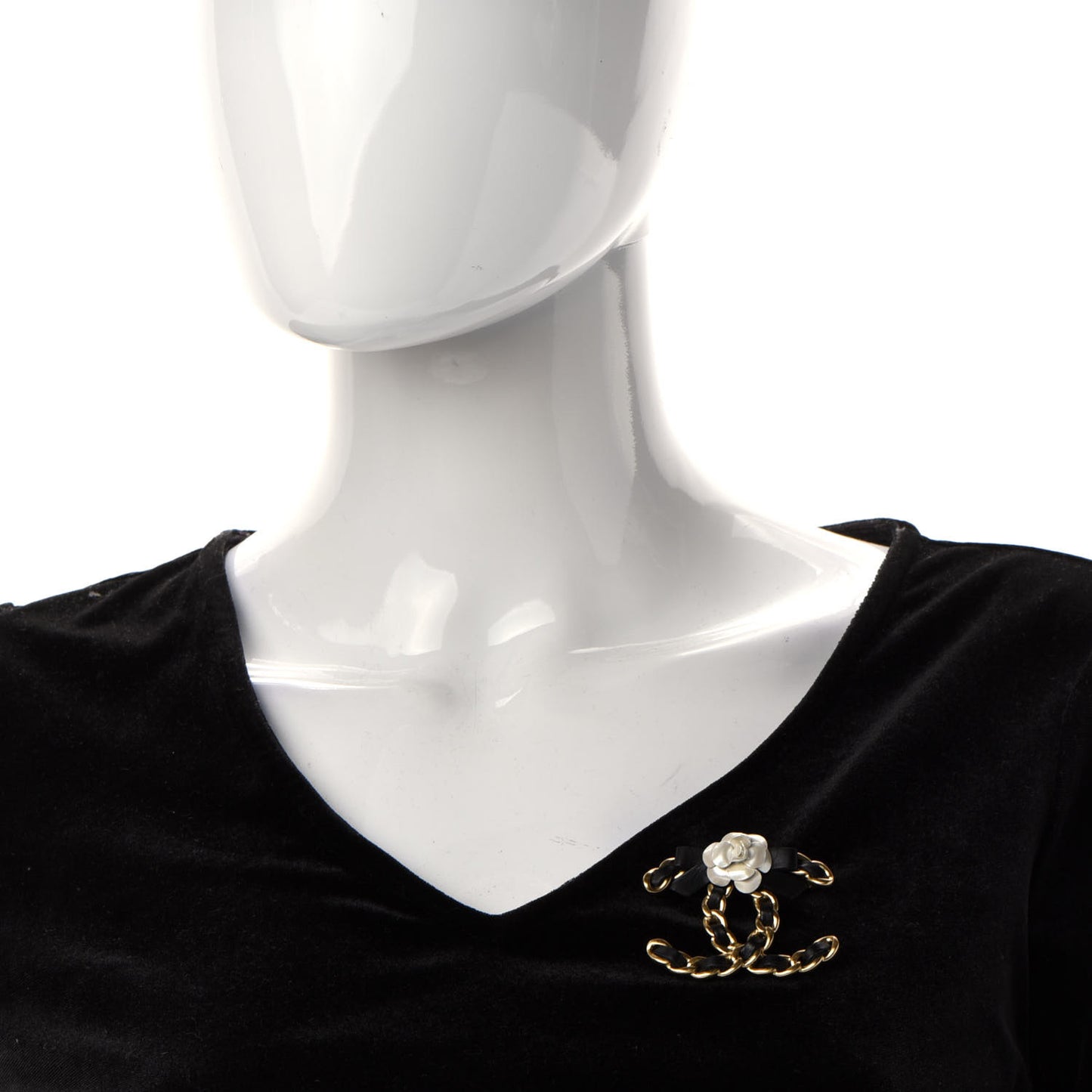 Metal Calfskin Chain 90's Camellia Brooch Black Gold