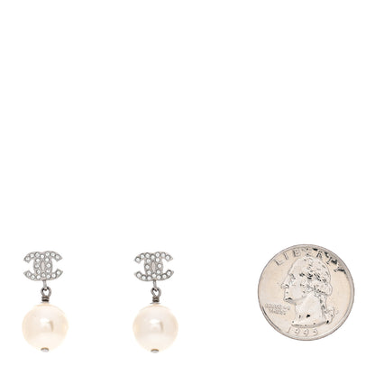 Chanel Crystal Pearl CC Drop Earrings Silver Pearly White 2 of 5