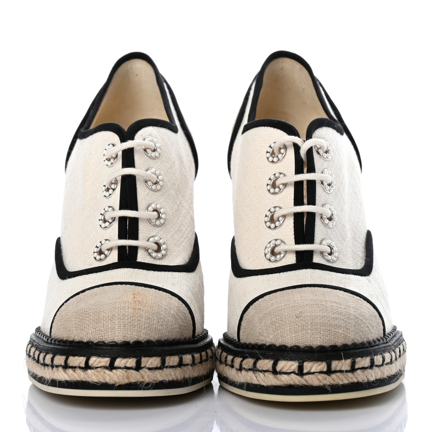 Chanel Raffia Lace Up Wedge Espadrilles 37.5 Beige 2 of 8