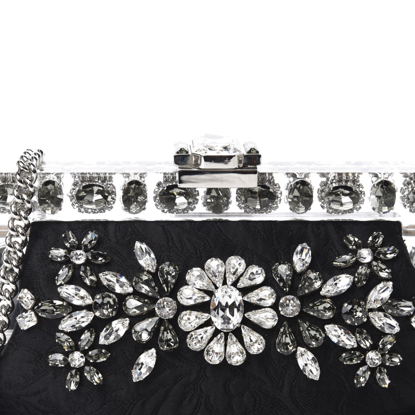 Satin Lace Crystal Embellished Plexis Glass Chain Clutch Black
