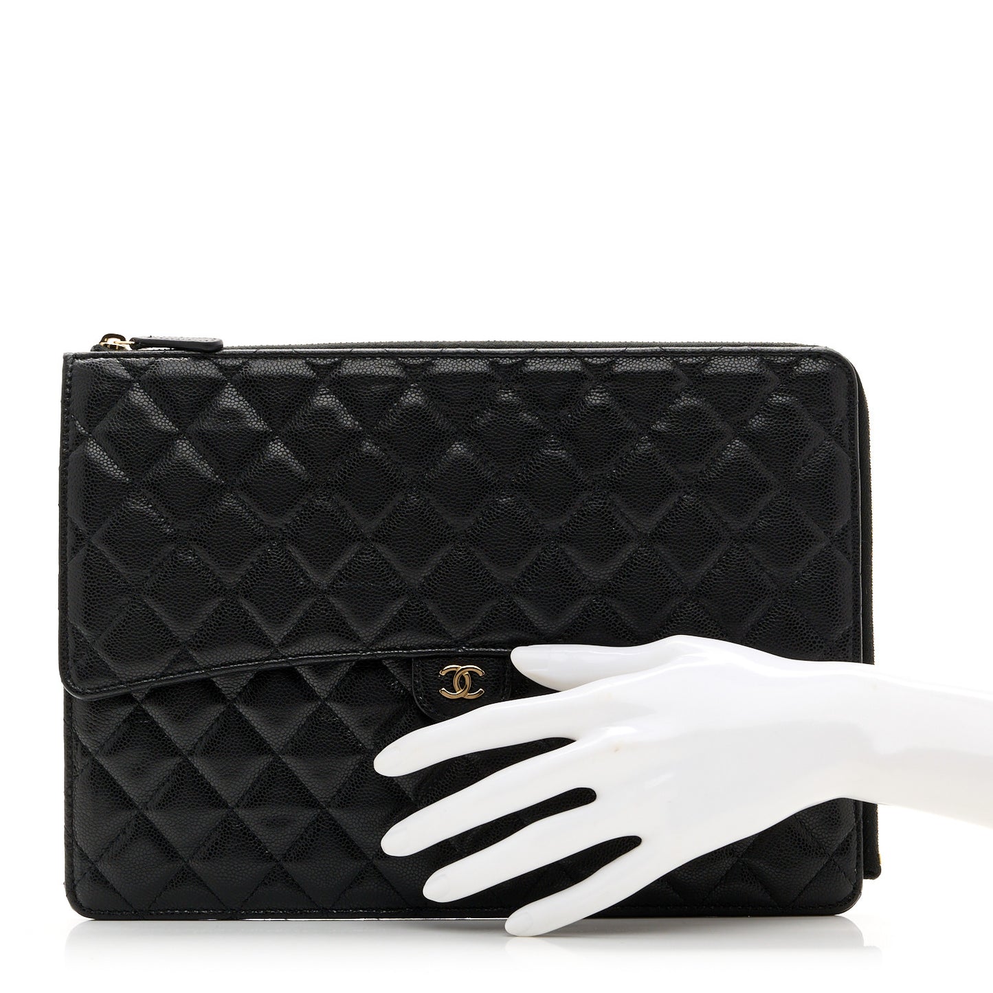 Caviar Quilted Large Flap Zip Clutch Black
