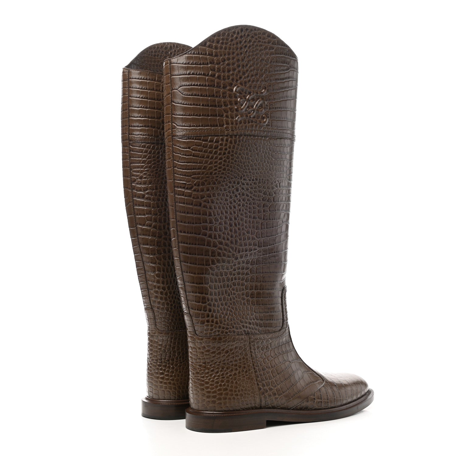 Fendi Calfskin Crocodile Embossed Karligraphy Logo Riding Boots 39 Maya 4 of 12