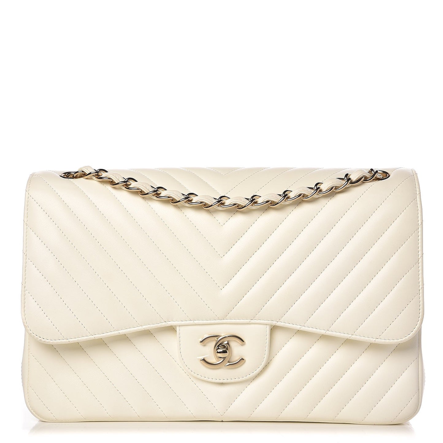 Lambskin Chevron Quilted Jumbo Double Flap White