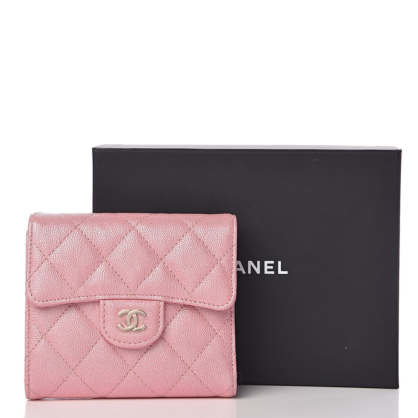 Iridescent Caviar Quilted Compact Flap Wallet Pink