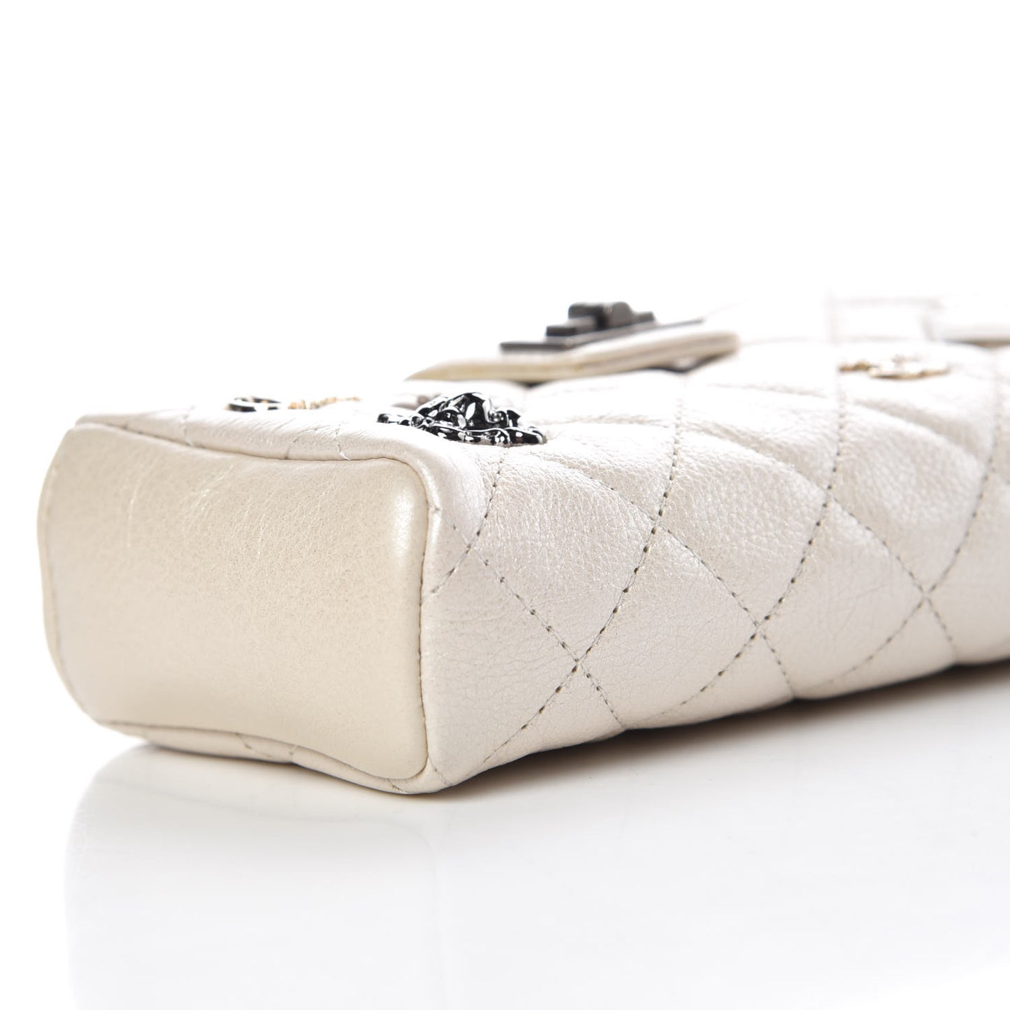 Metallic Calfskin Quilted Lucky Charms Mini Phone Holder Clutch Ivory
