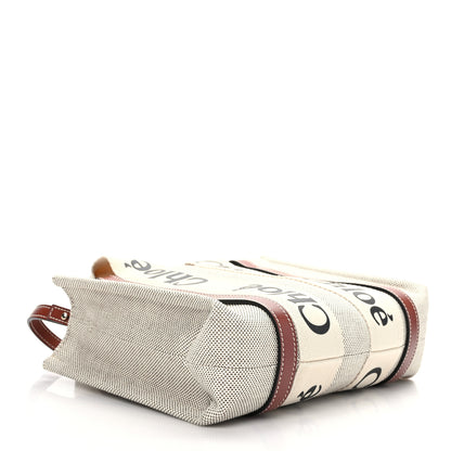 Chloe Cotton Calfskin Small Woody Ribbon Tote With Strap White Brown 4 of 9