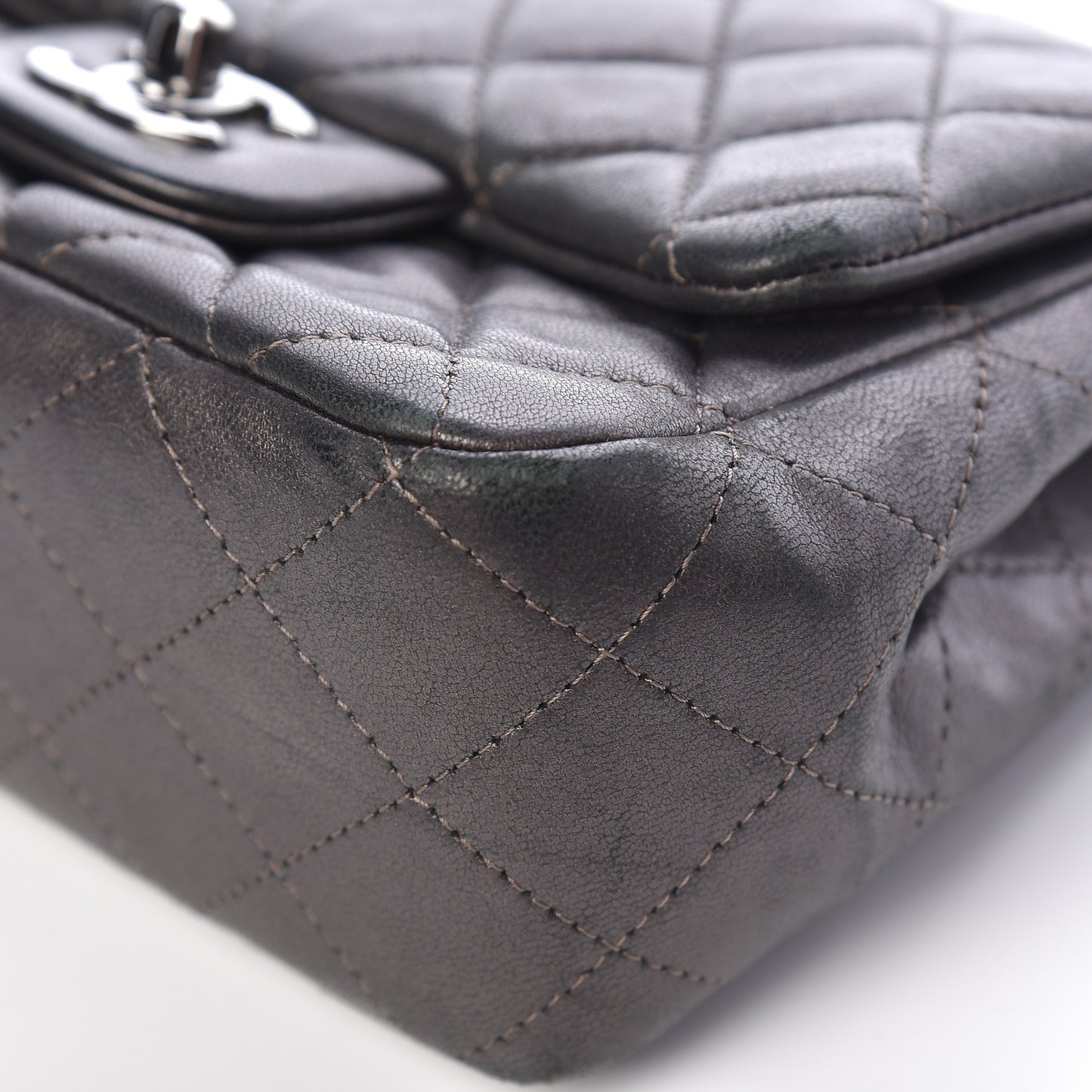 Metallic Lambskin Quilted Mini Square Flap Grey