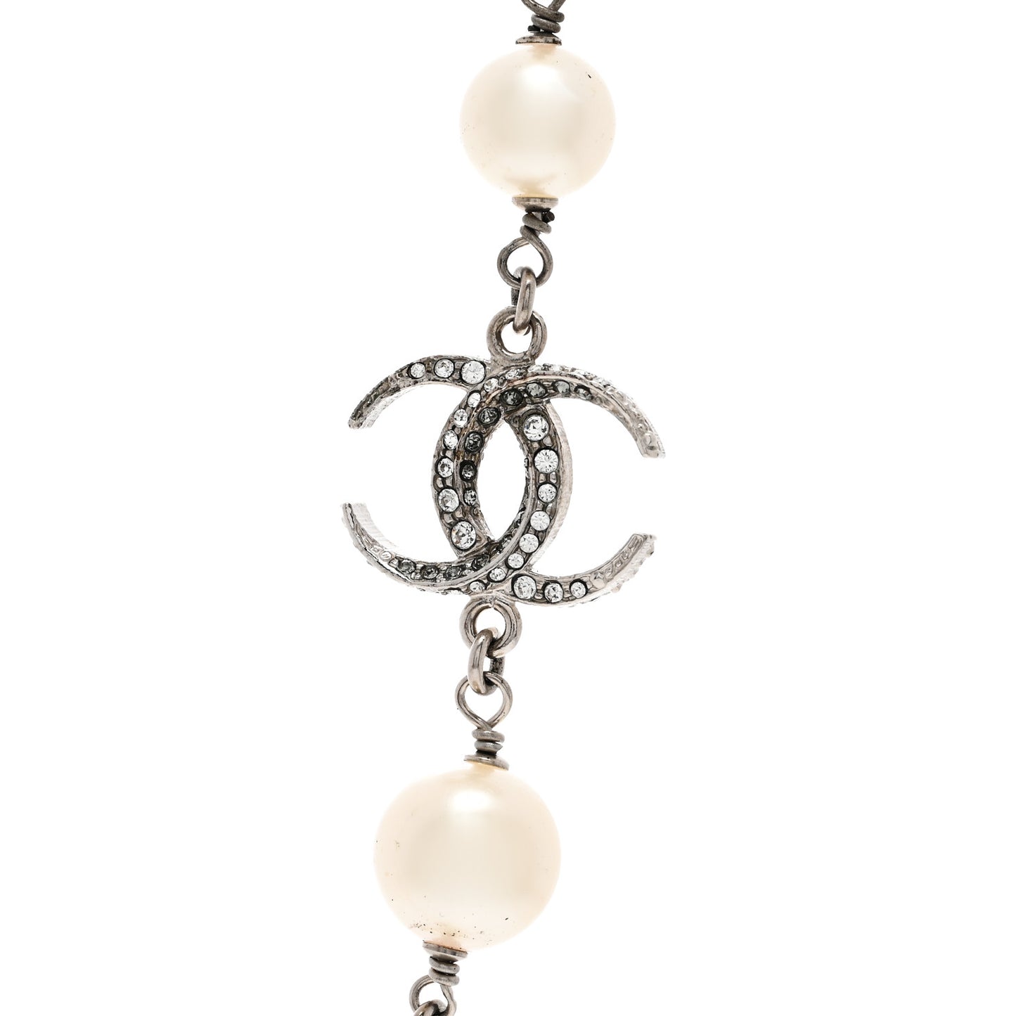 Pearl Crystal CC Beaded Ball Long Necklace Silver White