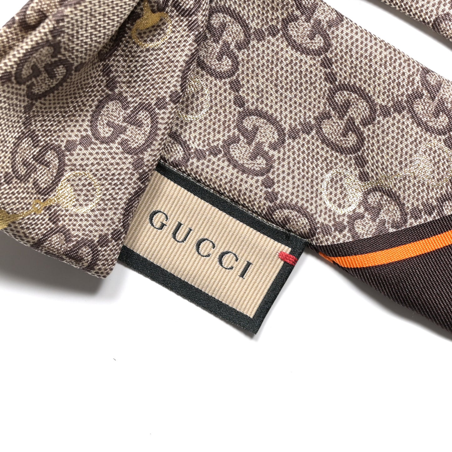 Silk Twill GG Monogram Gold Horsebity Bow Scrunchie Brown Orange