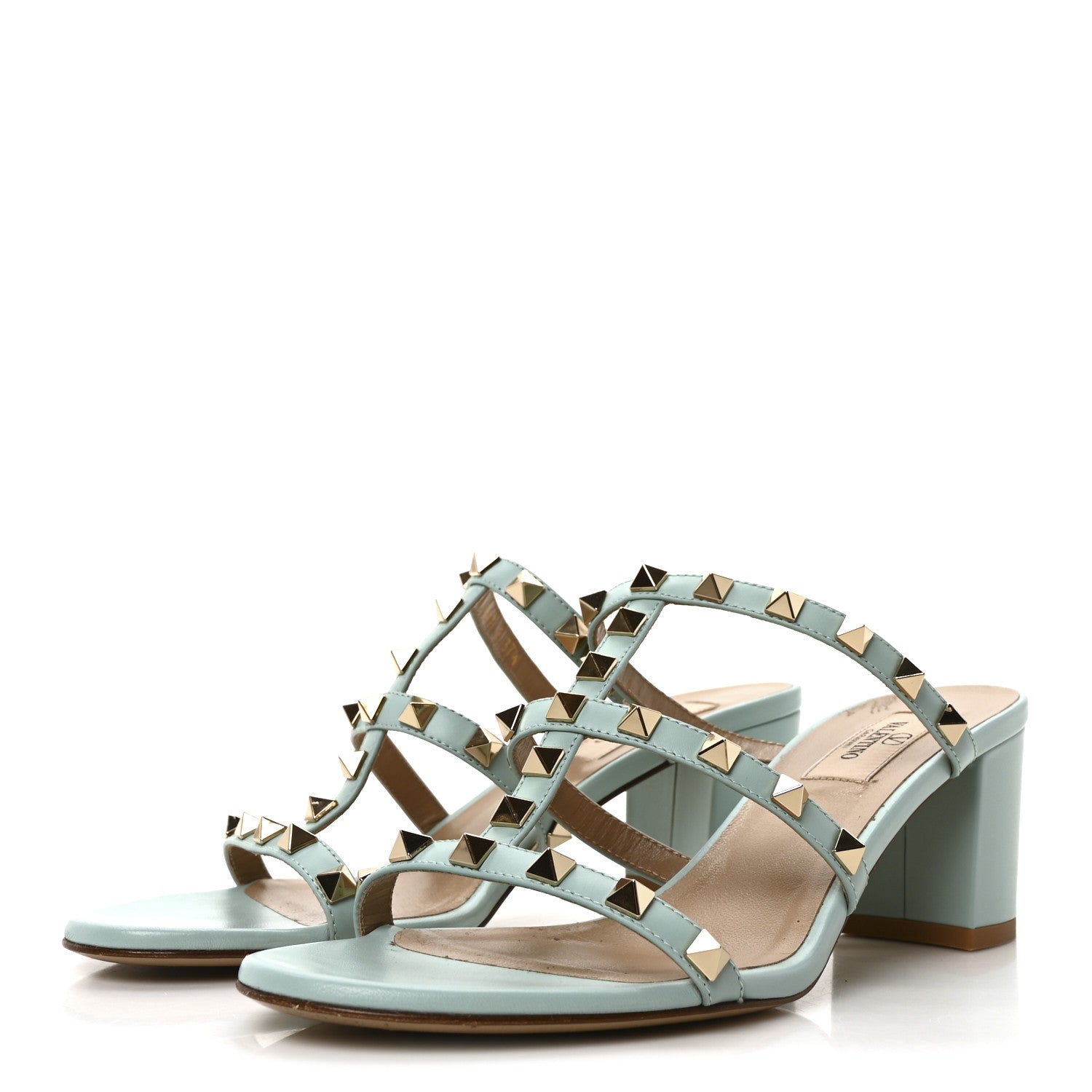 Valentino Garavani Calfskin Nappa Rockstud 60mm Caged Slide Sandals 37.5 Light Blue 4 of 9