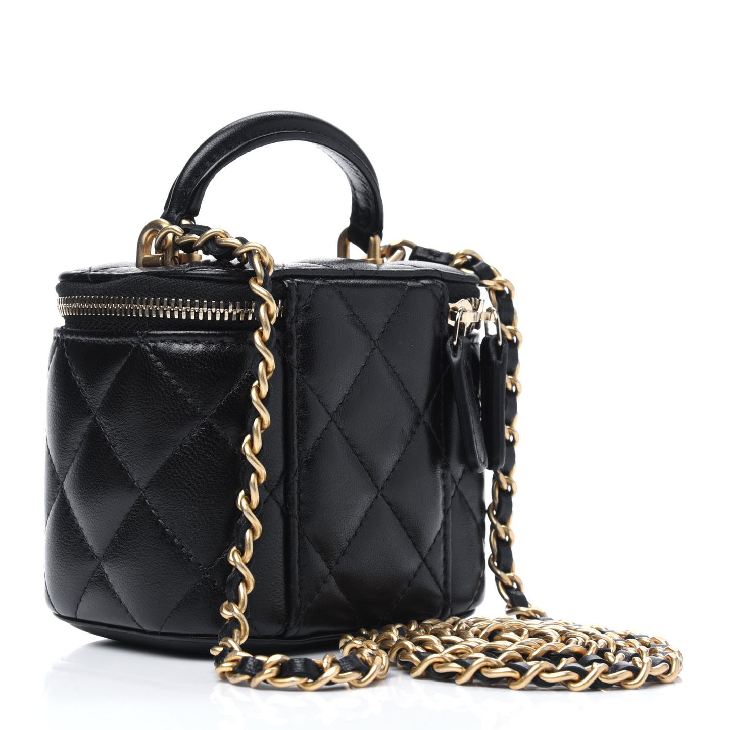 Lambskin Quilted Top Handle Mini Vanity Case With Chain Black