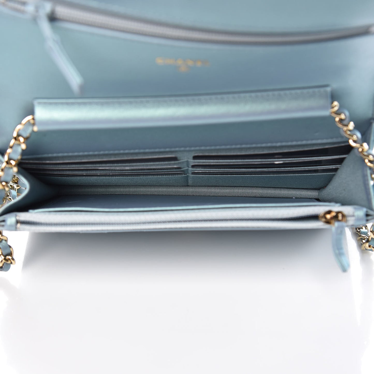 Metallic Patent Calfskin Quilted Boy Wallet on Chain WOC Light Blue