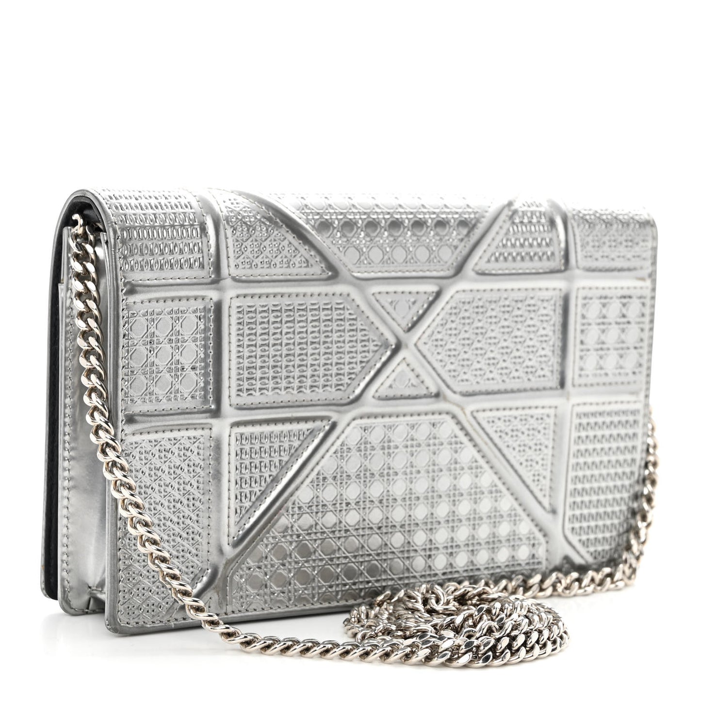 Metallic Patent Micro-Cannage Diorama Wallet on Chain Pouch Silver