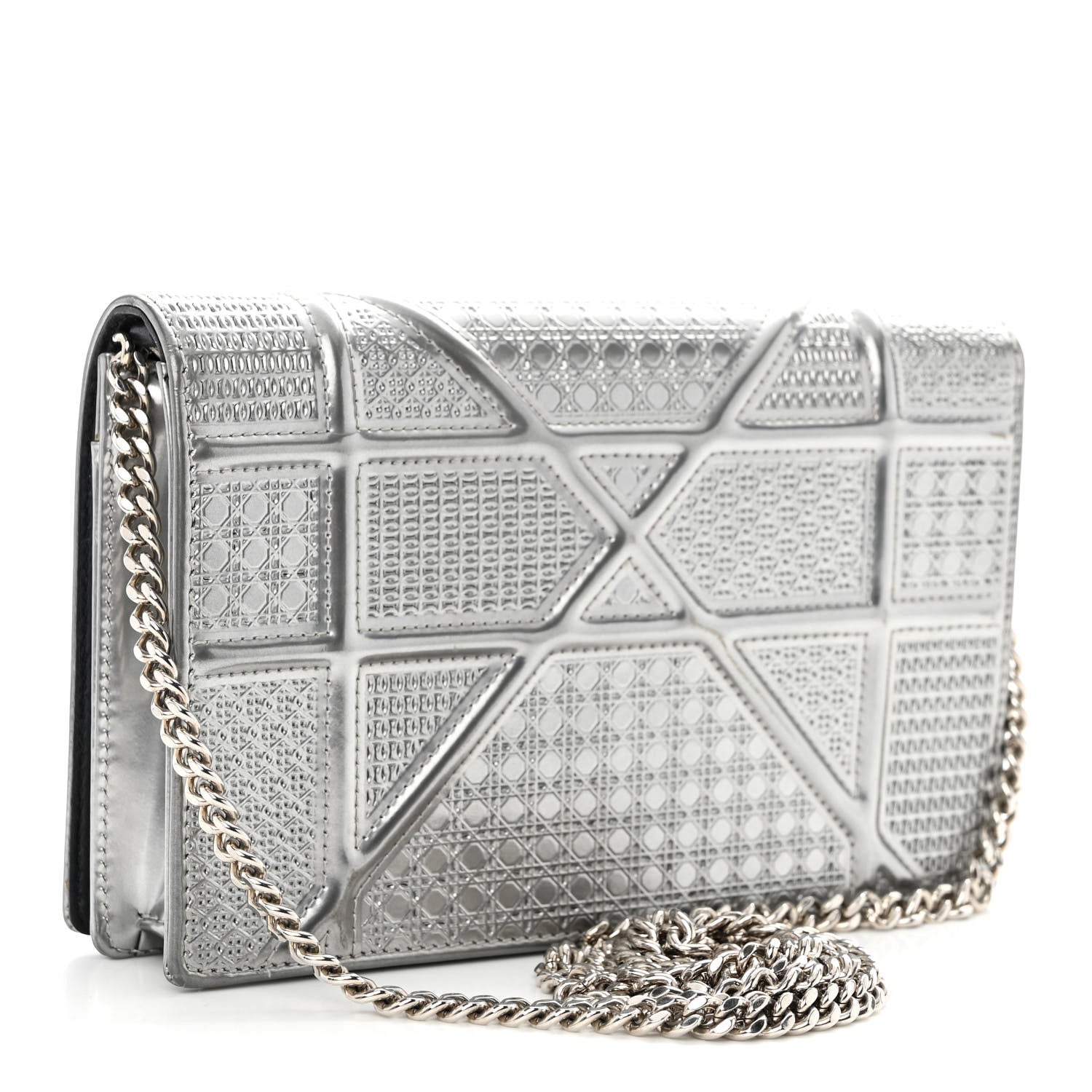 Christian Dior Metallic Patent Micro-Cannage Diorama Wallet on Chain Pouch Silver 3 of 10