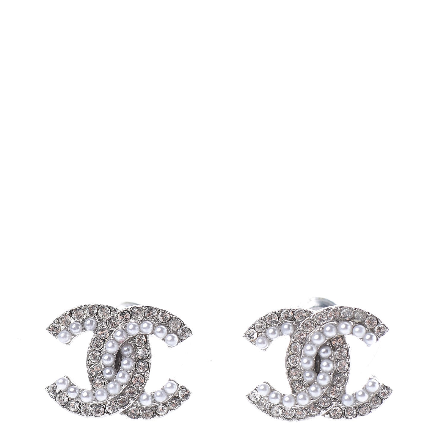 Chanel Pearl Crystal CC Earrings Silver 1 of 5