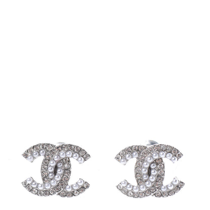 Chanel Pearl Crystal CC Earrings Silver 1 of 5