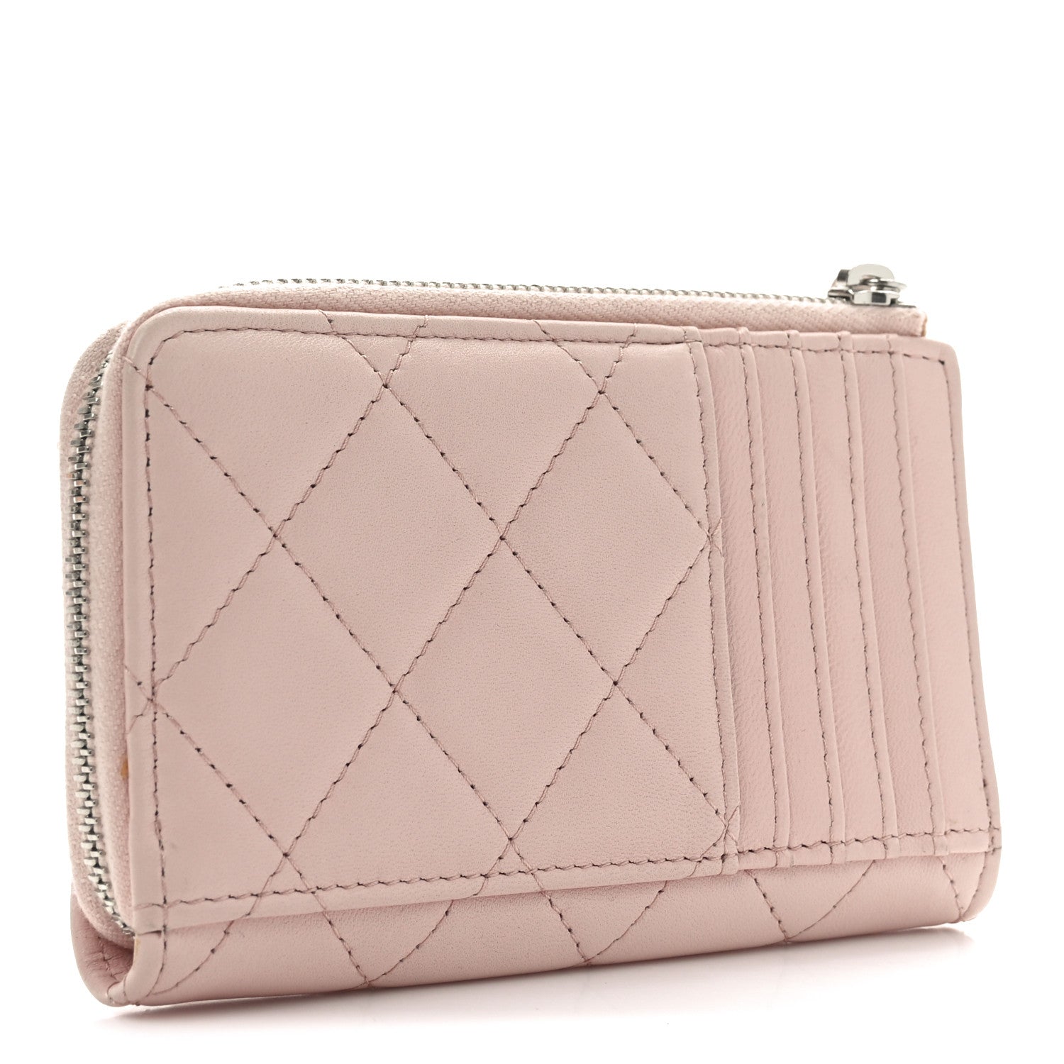Chanel Lambskin Enamel Quilted CC Zip Around Card Holder Pink