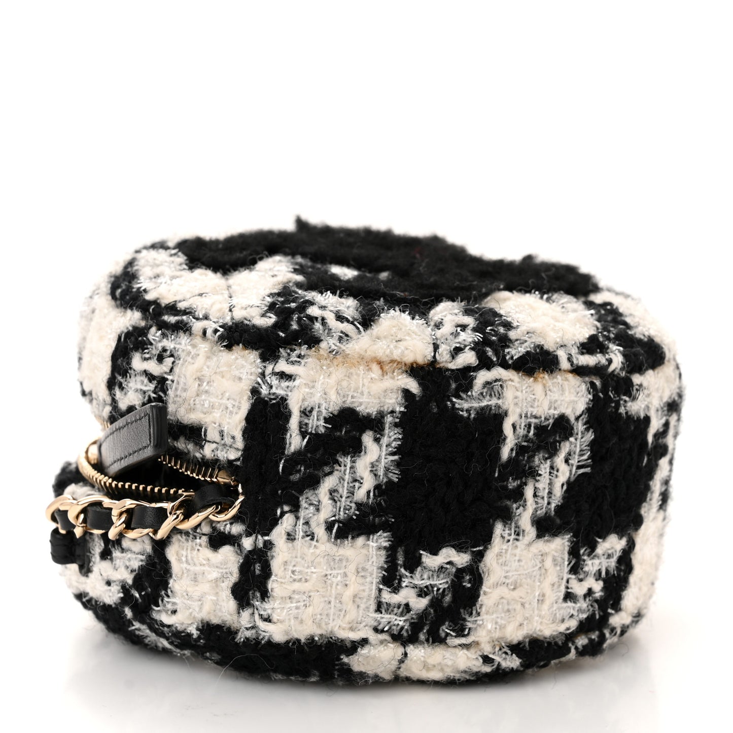 Tweed Shearling Round Clutch With Chain and Coin Purse Black and White