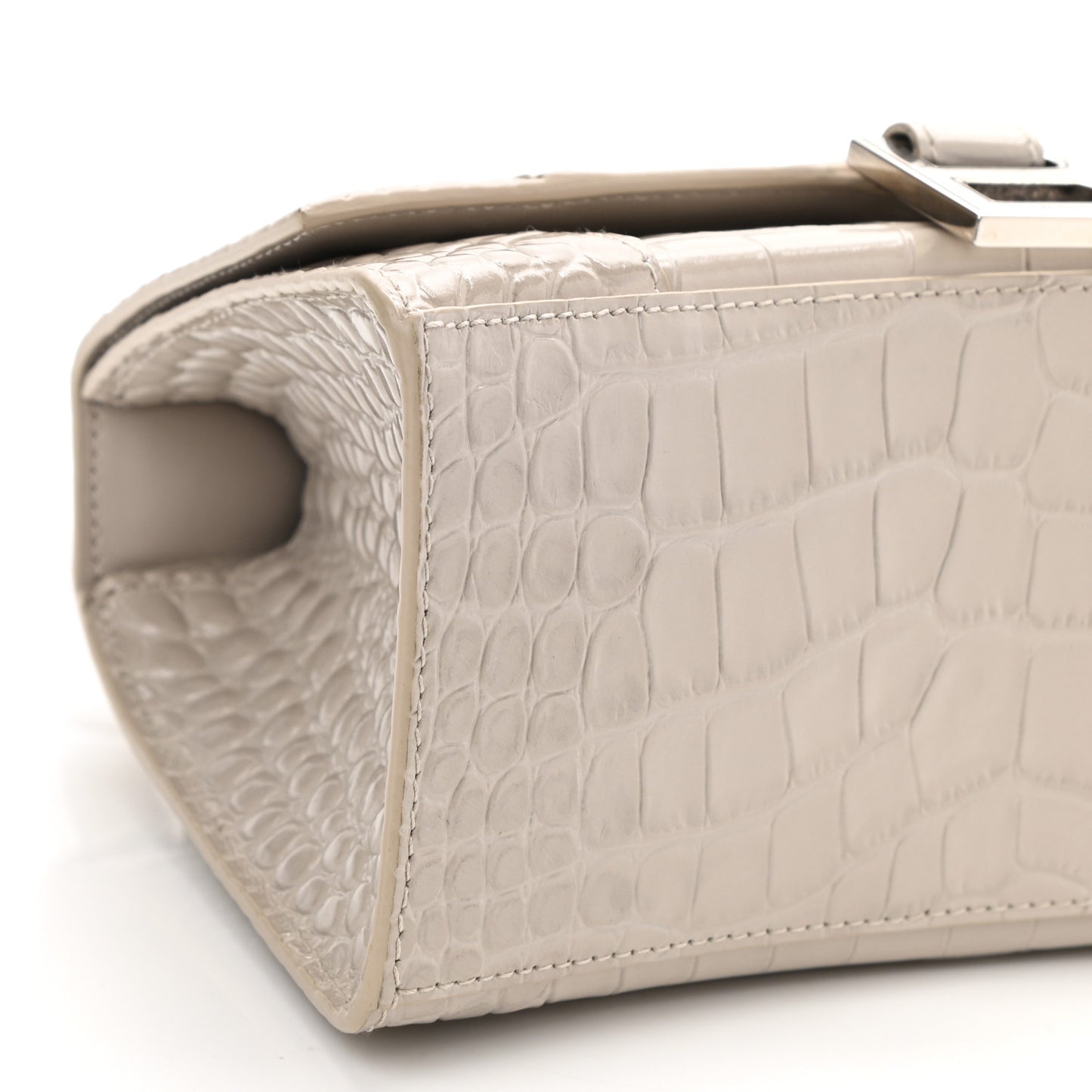 Shiny Calfskin Crocodile Embossed Small Hourglass Top Handle Bag Cold Beige