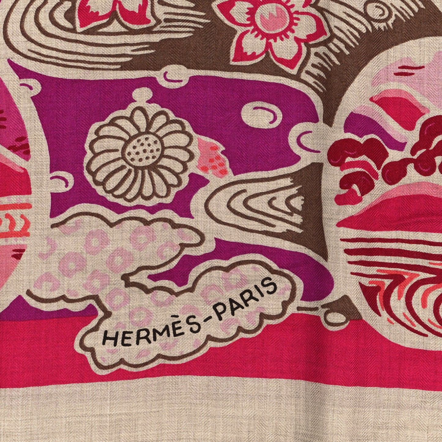 Cashmere Silk Bingata Shawl 140 Naturel Fuchsia Rose Poudre
