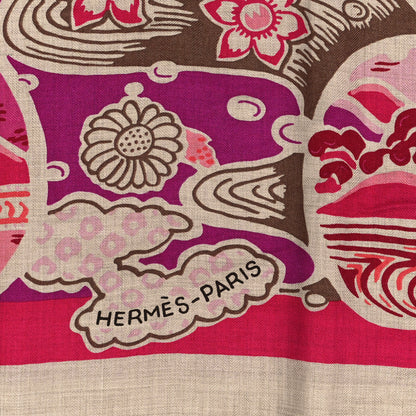Hermes Cashmere Silk Bingata Shawl 140 Naturel Fuchsia Rose Poudre 2 of 4