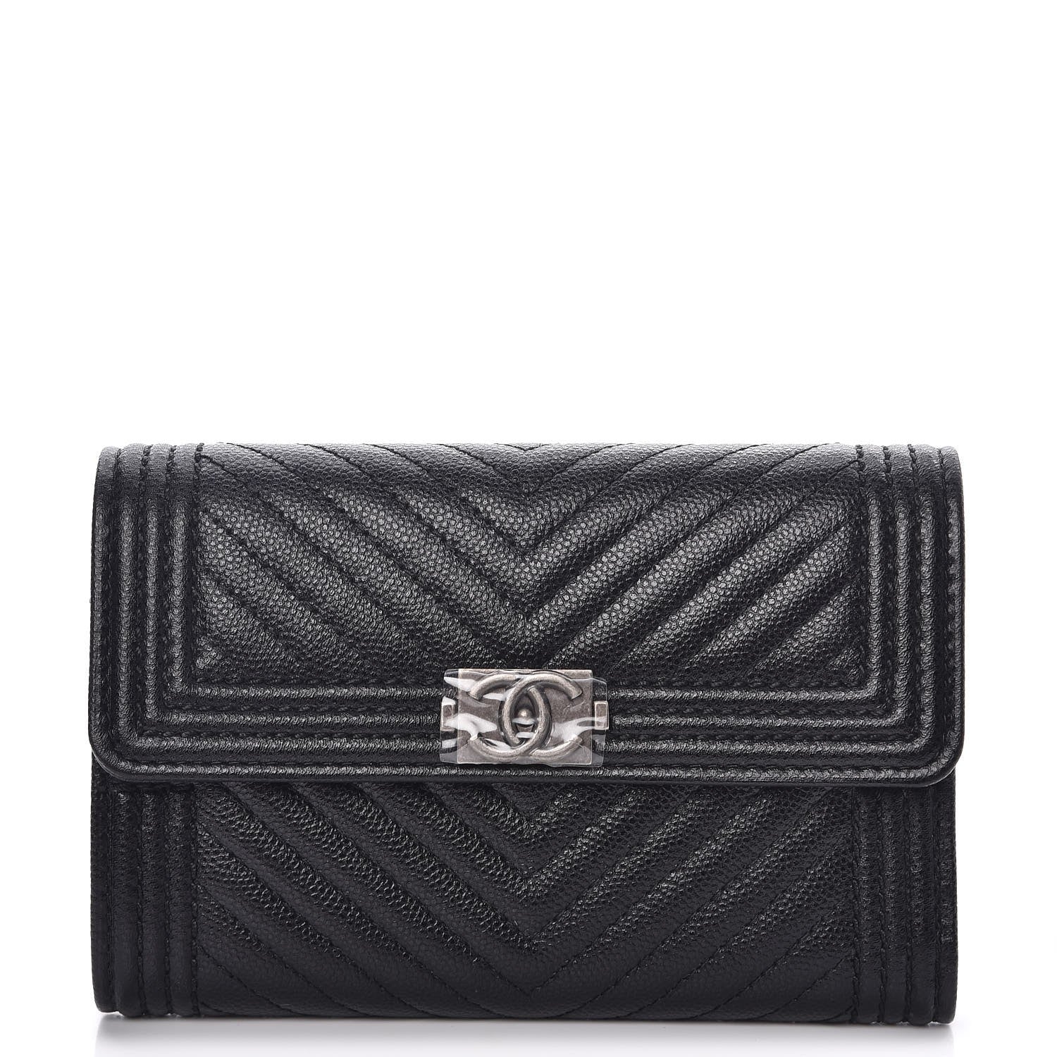 Chanel Caviar Chevron Quilted Medium Boy Flap Wallet Black 1 of 8