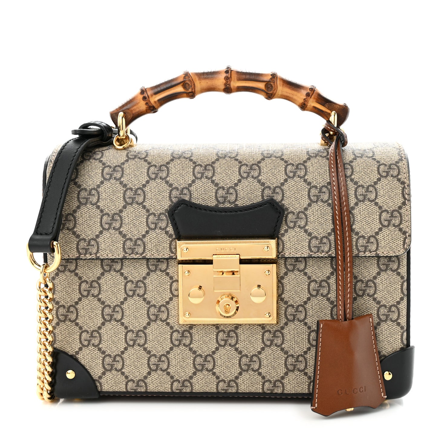 GG Supreme Monogram Small Padlock Bamboo Shoulder Bag Beige Black Cuir