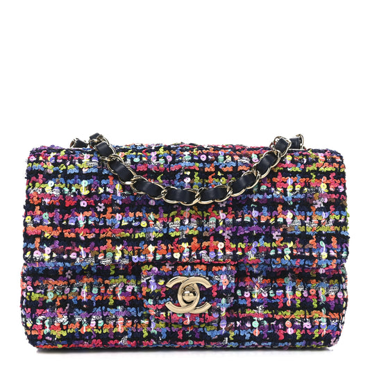 Tweed Quilted Mini Rectangular Flap Navy Blue Multicolor