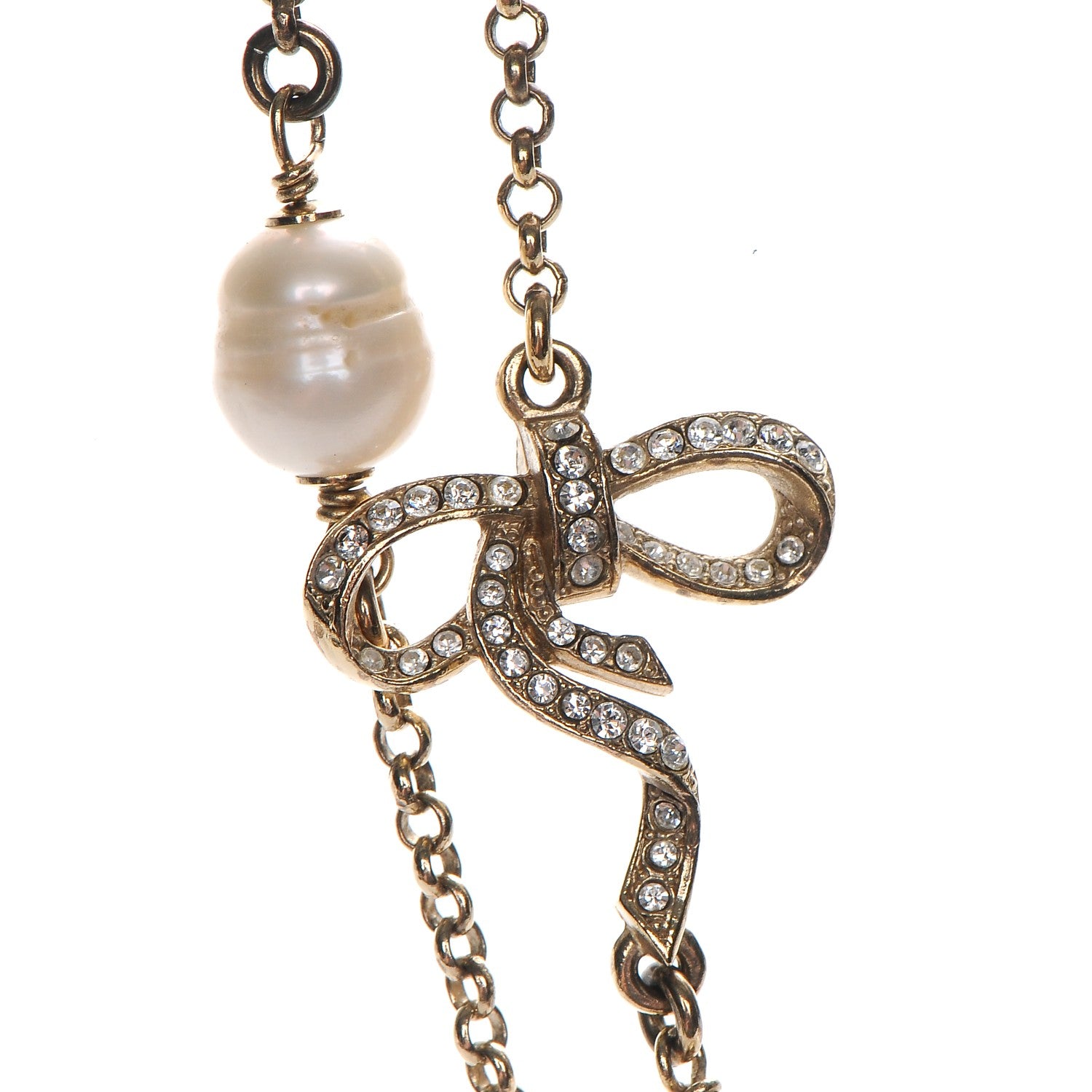 Chanel Crystal Pearl CC Bow Long Necklace Light Gold 4 of 9