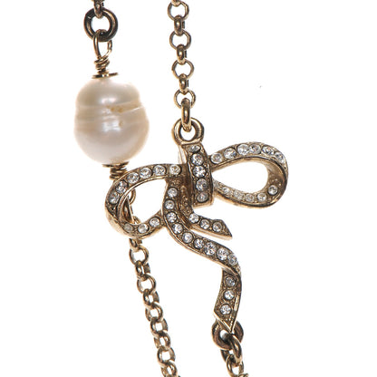 Chanel Crystal Pearl CC Bow Long Necklace Light Gold 4 of 9