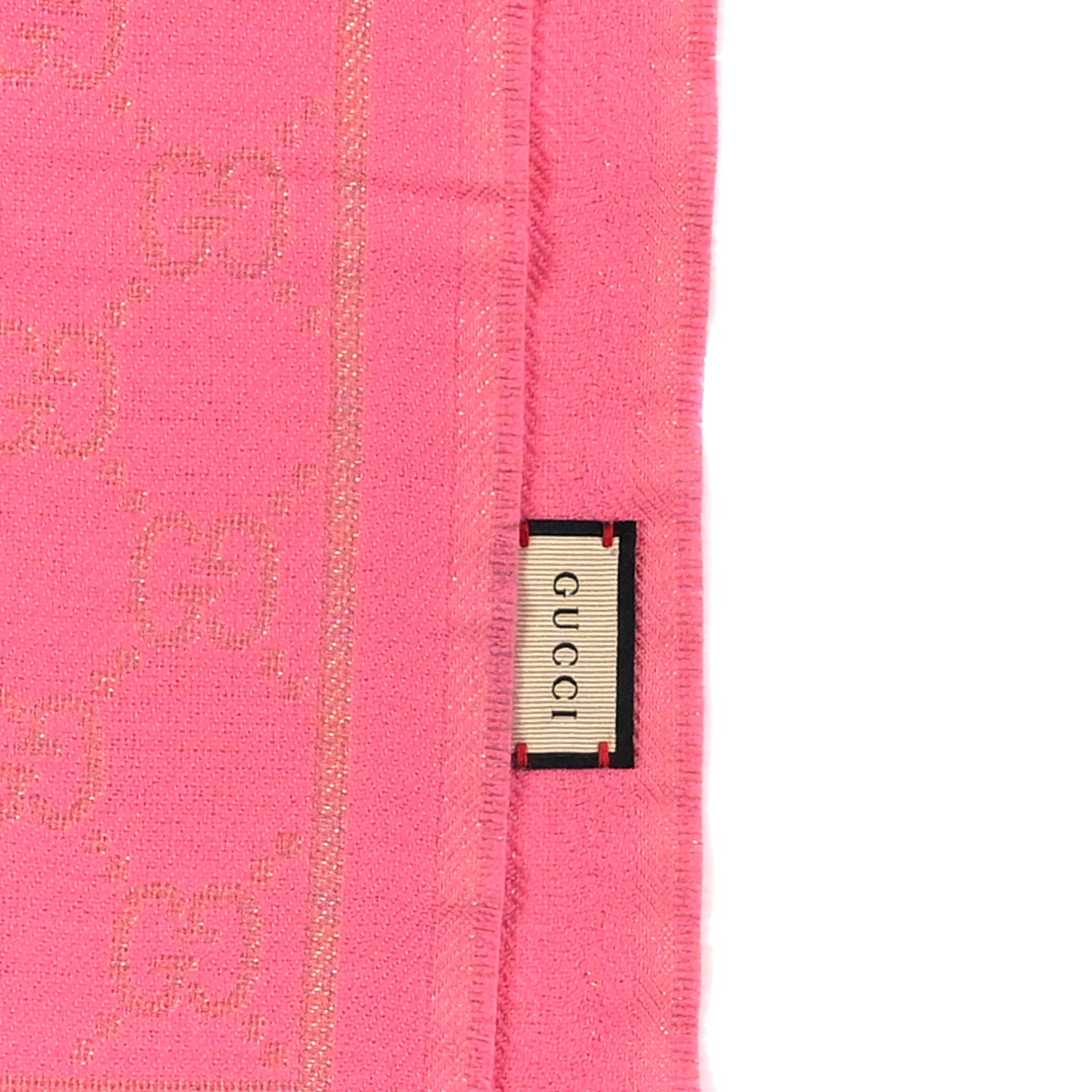 Gucci Wool Silk Lurex GG Monogram Bright G Fringe Scarf Fuxia 4 of 4